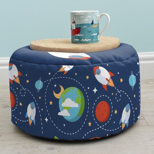 Outer Space Kids Beanbag Stool used as a side table